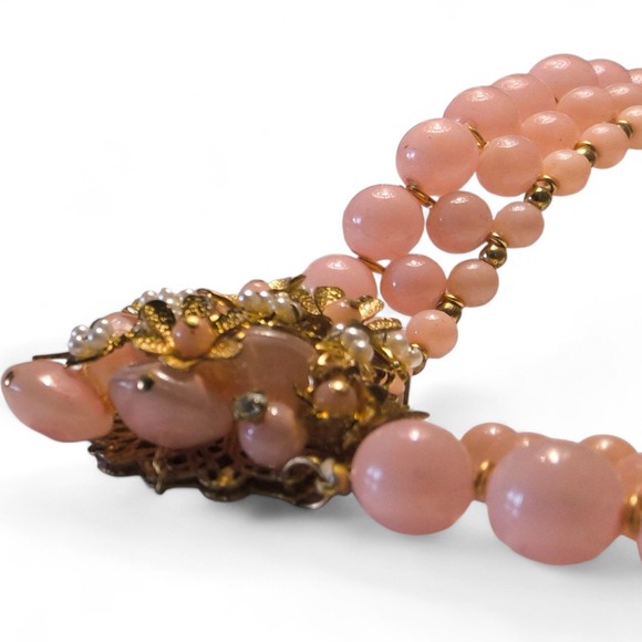 Vintage Pink Beaded Necklace Floral Cluster Gold Tone Haskell Style Hand Wired - Picture 7 of 10